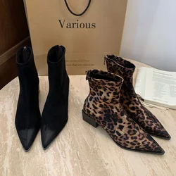 Fashion Leopard Print Ankle Boots Women Pointed Toe Flat Heel Short Boot Winter Warm Shoes Female Chelsea Booties Botas De Mujer