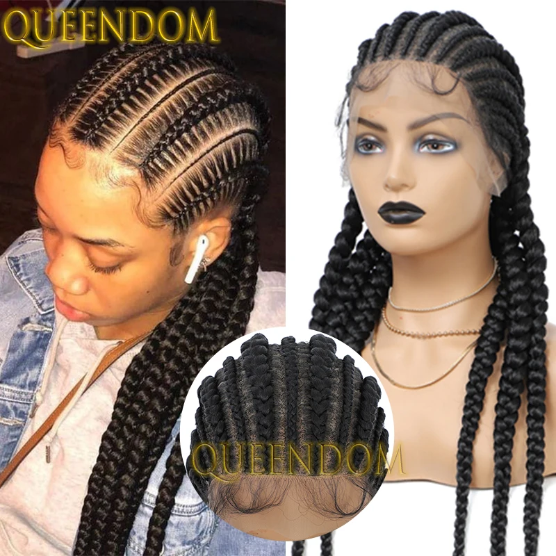 Synthetic 36 Inch Box Braid Wig Full Lace Dutch Twins Braids Goddess Wig for Afro Women Knotless Jumbo Cornrow Plait Braided Wig