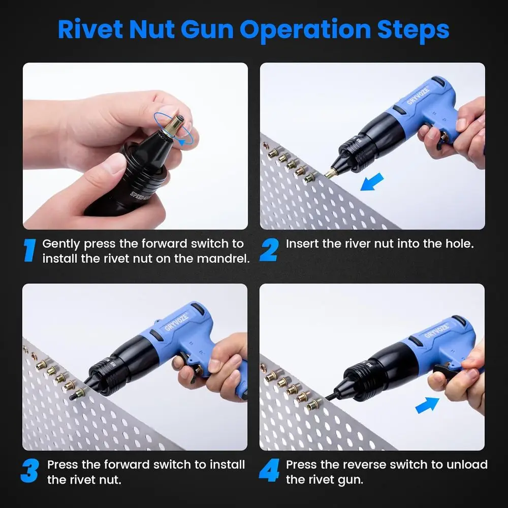 Rivet Nut Gun Kit with 1/4 & 5/16 & 3/8 Mandrels, Industrial Grade Air Rivnut Tool Set with Self-Locking Head Gun, Air Riveter N