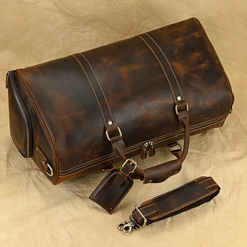 Sac de voyage en cuir vintage pour homme, bagage à main de grande capacité, fourre-tout de week-end masculin, bagage familial, chaussure de luage