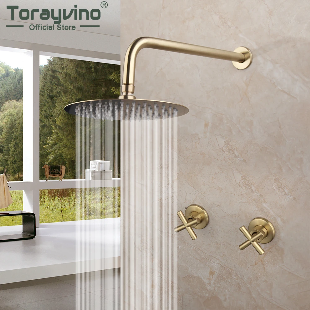 

Torayvino Brushed Gold Bathroom Shower Faucet Solid Brass Handle Mixer Bathtub Rainfall Hand Shower Systerm Sprayer Faucet Set