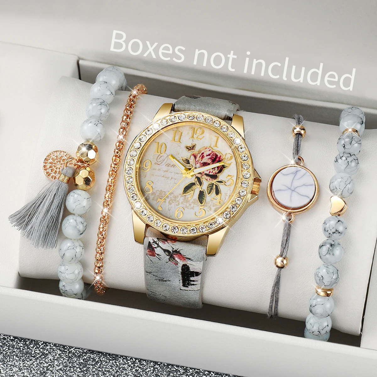 5PCS Fashion Flower Printed Women Watches Beads Bracelet Set Ladies Arabic Dial Wristwatch Reloj Hombre (Without Box)