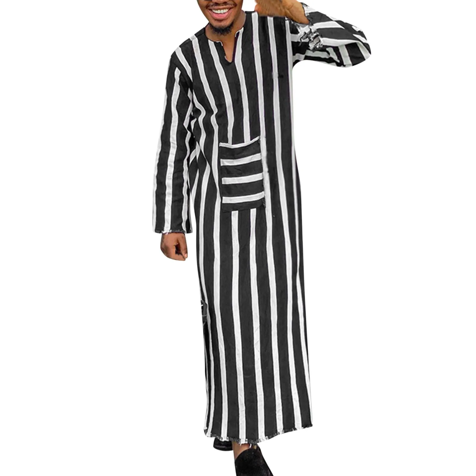 Men's Muslim Kaftan Striped Jubba Thobe V Collar Islamic Arab Long Sleeve Pockets Vintage Robes Middle East Clothing Men Eid