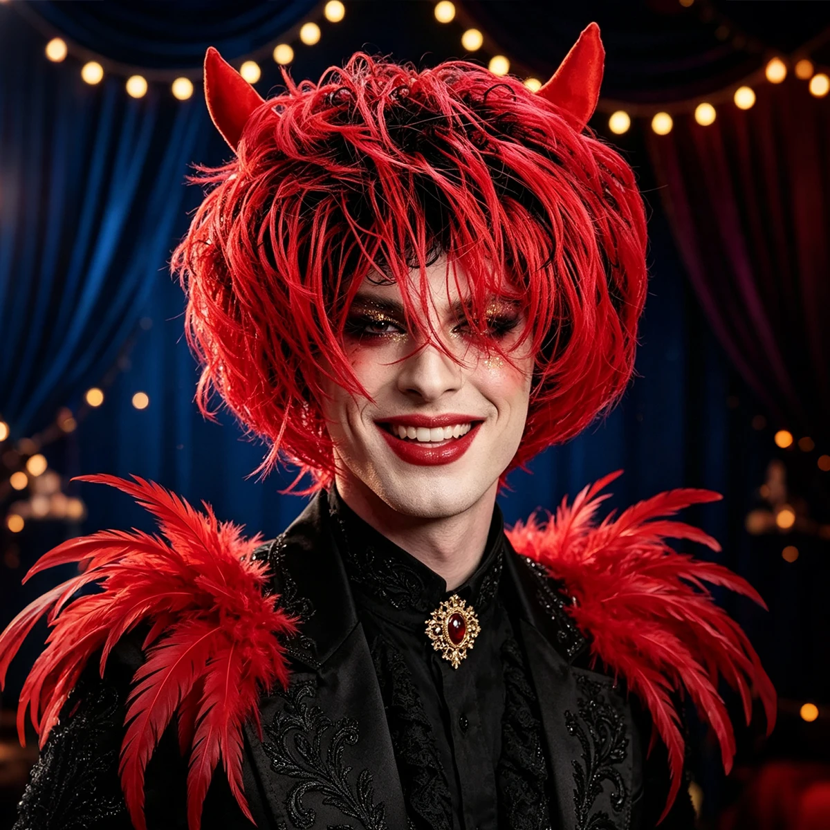 Red Devil Horn Short Messy Wig Black Roots Synthetic Spiky Curly Full Wig Halloween Cosplay Carnival Costume Party Headwear