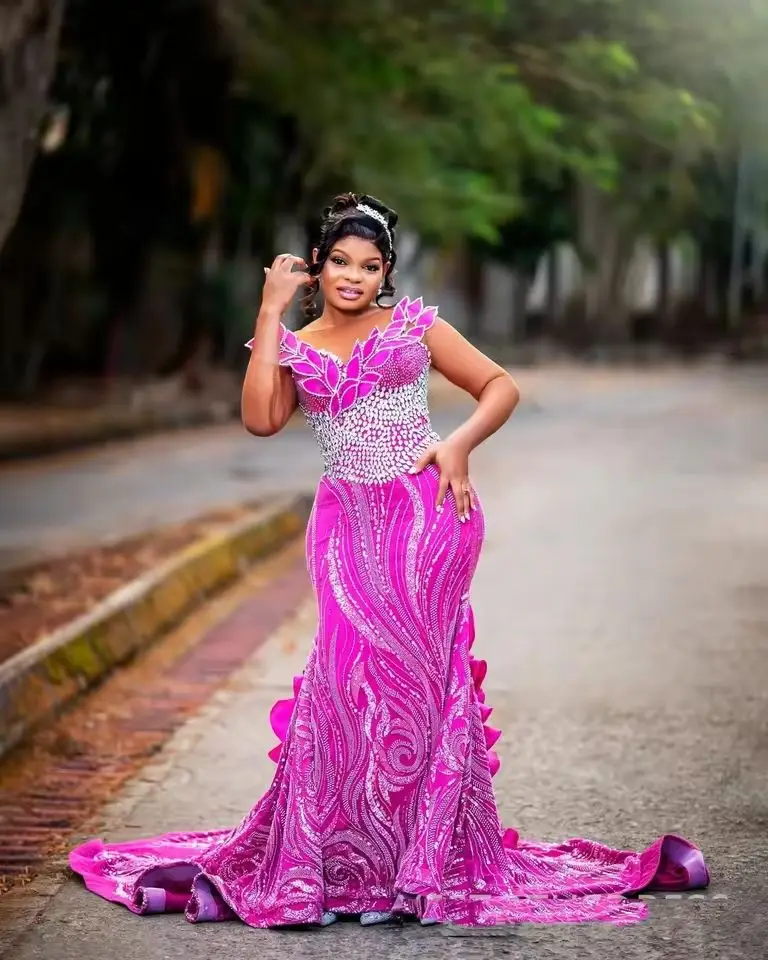 Pink Puffy Sleeve Straight abendkleider Floral Evening Dresses vestidos formales robe de soiree Nigerian Evening Dress Long