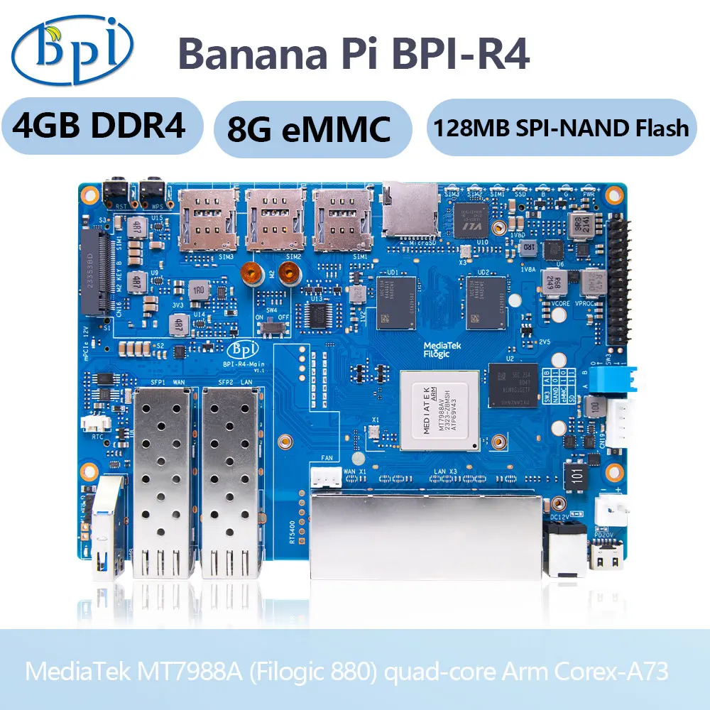 Banana pi Bpi-r4 Mediatek Mt7988a Filogic 880 Braço Quad-core Corex-a73 4gb Ddr4 8gb Suporte Emmc Openwrt Smart Router Board