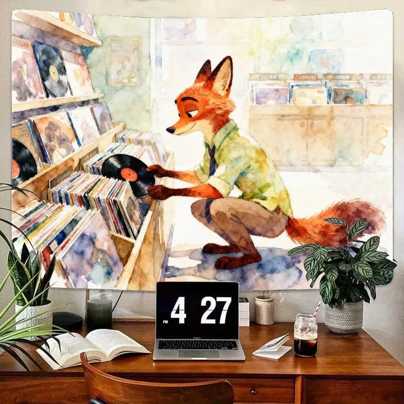 1PC Aesthetic Fox Vinyl Lover Polyester Tapestry, Watercolor Record Store Wall Art Retro Music Room Decor Gift.
