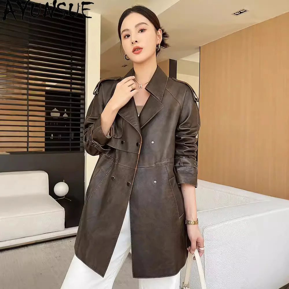 AYUNSUE Echt Leder Jacke Frauen 2025, Echtem Schaffell Mid-länge Graben Mantel Herbst Frau Kleidung Anzug Kragen Jaqueta couro