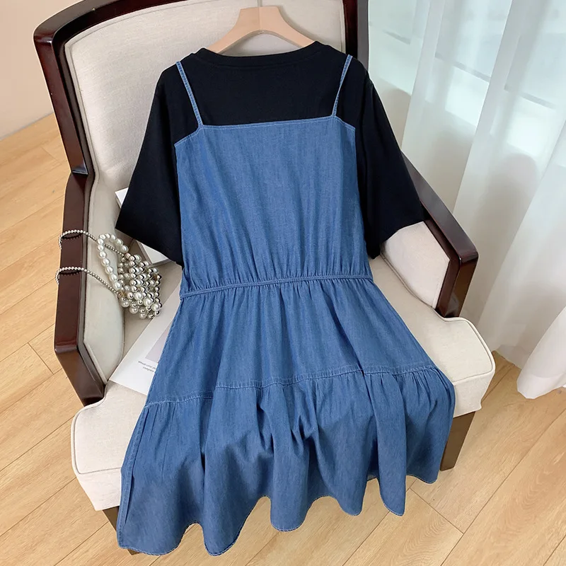 150Kg Plus Size Women's Bust 150 Summer Loose Strap Fake Two Piece Denim Dress Blue 5XL 6XL 7XL 8XL 9XL