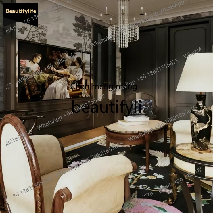 

GG Vintage Solid Wood Sofa Luxury Villa Living Room Three-Seater Fabric Sofa