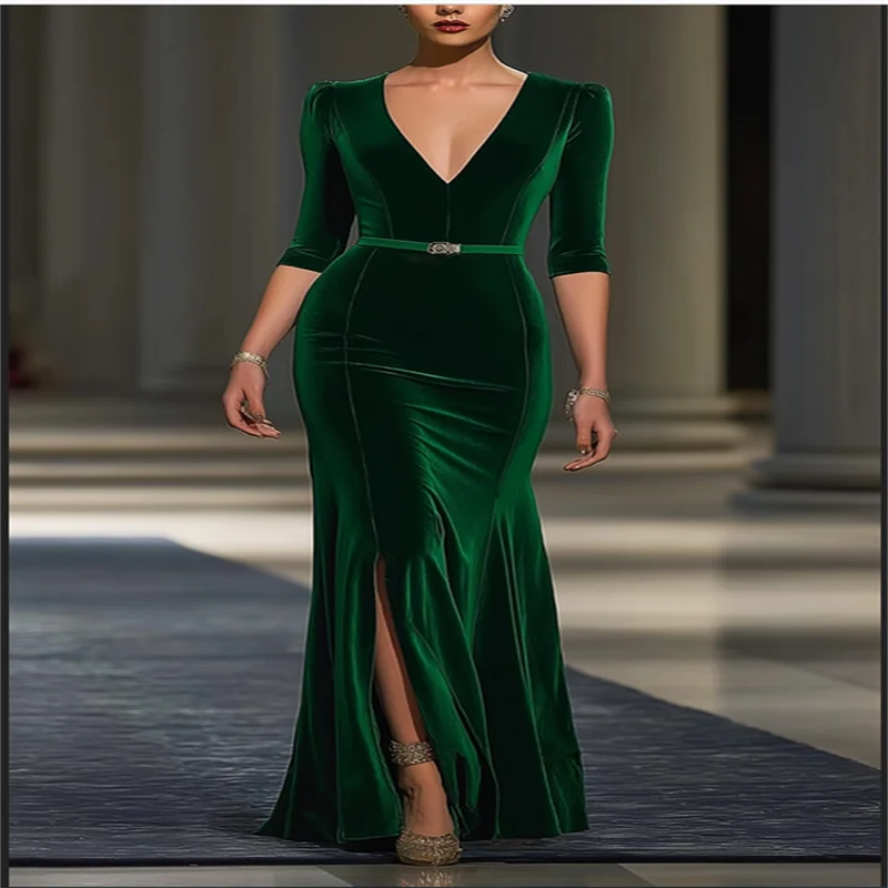 

Green Velvet Mother of Bride Dress Half Sleeves Wedding Guest Dresses for Weddings Mermaid Long Mother Youth Dress Customized