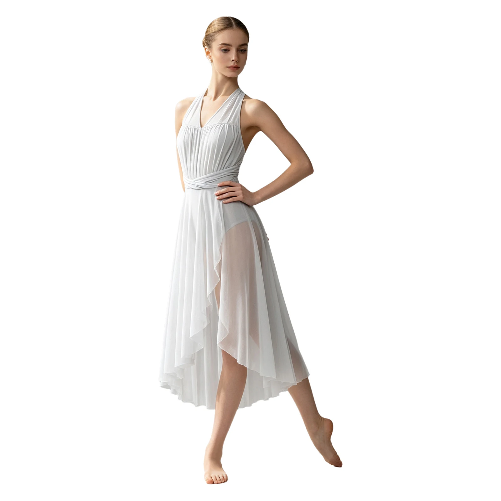 Lyrische Ballett-Tanzkostüme für Damen, Pailletten-Mesh-Tüll, fließendes Maxi-langes Kleid, integrierte Slips, moderne zeitgenössische Tanzbekleidung