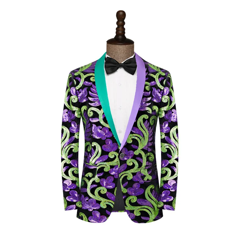 

2026 men, moire sequins color matching, host stage performance dress, green fruit collar blazer