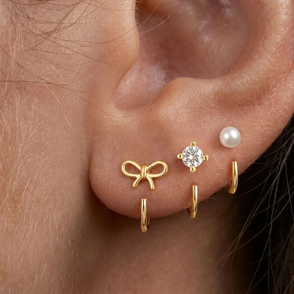 3 Pairs Ear Jacket Earrings Set for Women Copper Cubic Zirconia Bow Pearl Stud Hoop Earrings Gold Tone Fashion Jewelry Gift