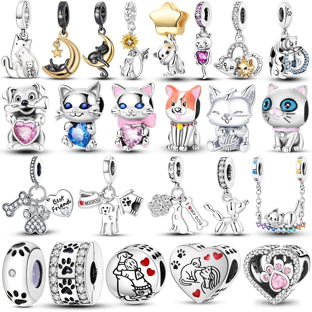 Silver Plated Cute Pet Cat Puppy Dog Charms Fit Original Paw Print Charm Beads Pendent Dangle Bracelet DIY Women Jewelry