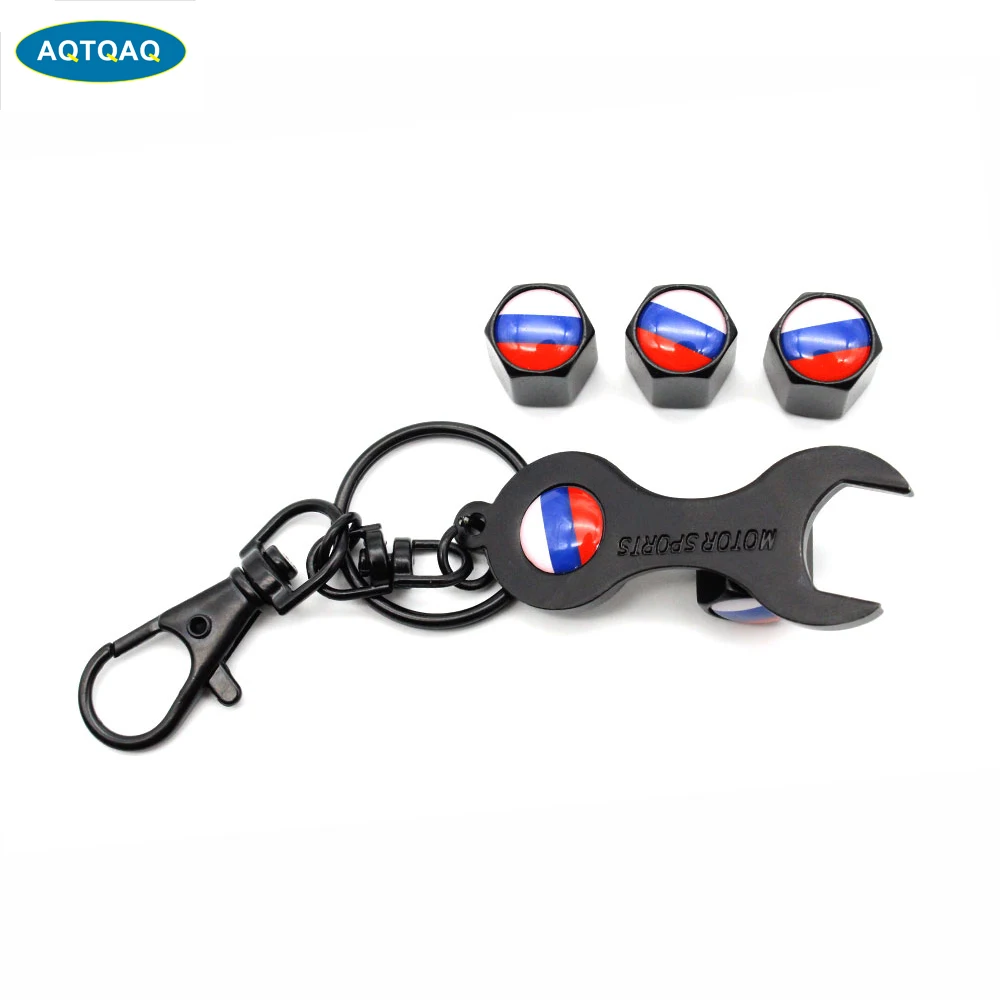 

5Pcs/Set Russia Flag Style Anti-theft Car Wheel Air Tire Valves Tire Valve Caps Stem with Wrench Keychain Ring Spanner New