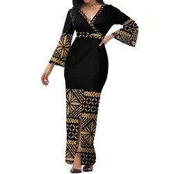 High Luxury Women'S Dress Custom Polynesian Print New Design Elegant Flared Long Sleeve Sexy Slit Slim Dress Banquet Dress