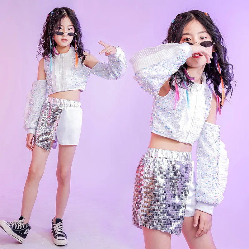 

Kid Kpop Hip Hop Clothing Silver Sequined Crop Top Off Shouler Shirt Summer White Shorts for Girl Jazz Dance Costume Clothes Set