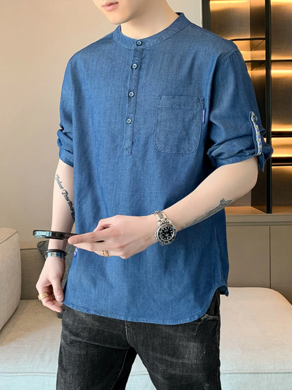 

Летние мужские ort Sve irt Busin Casual Ne Design Lightweight Retro Sle Five-Quarter Sve Loose Fit irt