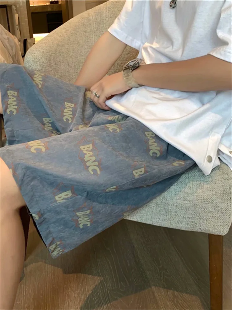 

American Casual Workwear orts Men Summer Hiphop Trendy Brand Letter Print Five-Point Loose Straight Beach Pants