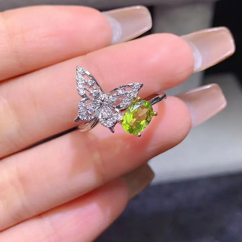 

Silver Butterfly shape Ring for Daily Wear 5mm*7mm 0.5ct Natural Peridot Ring with Certificate 925 Silver Peridot Jewelry