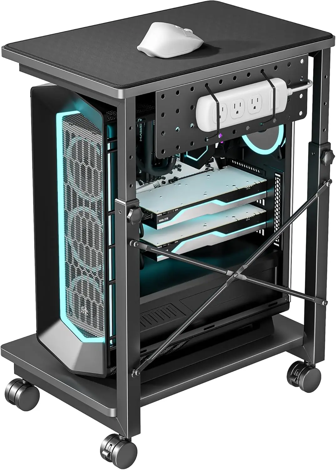 Height Adjustable PC Tower Stand, 2-Tier CPU Holder Cart with Locking Wheels, 21.7"-33.5" Height