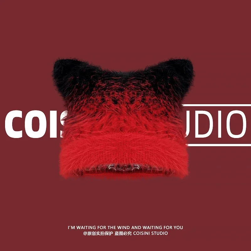 Fashion Gradual Change Color Pullover Beanies Cap Y2K Autumn Winter Leisure Warm Personality Cat Ear Design Knitted Hats Women
