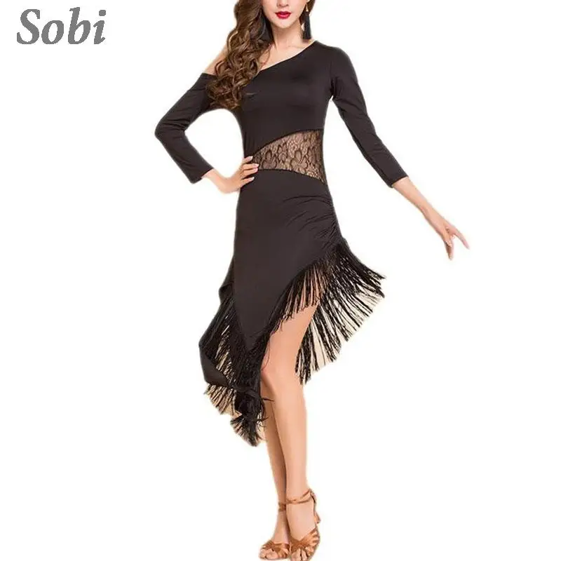 New Latin Dance Dress Sexy Mesh Stretchy One-piece Latin Dress for Women Long-Sleeve Tassel Ballroom Tango Cha Cha Rumba Costume