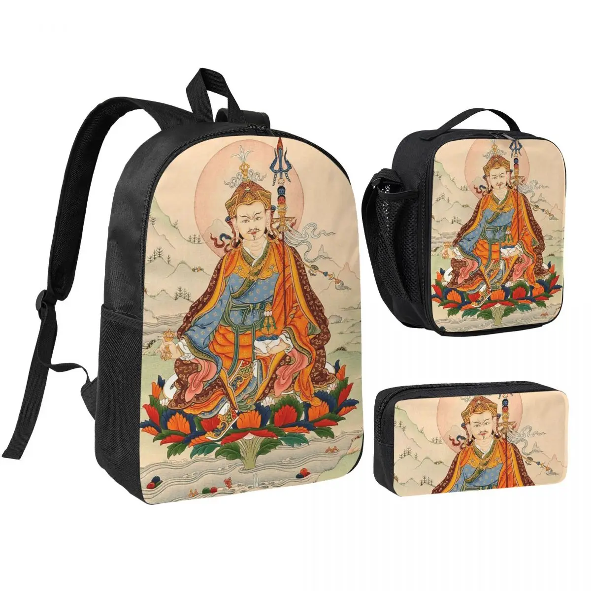 Tantric Buddhist Deity Buddhism God Buddha Backpack Student BookBag School Bag Shoulder Bags 3ps Insulated Lunch Bag Pencil Case
