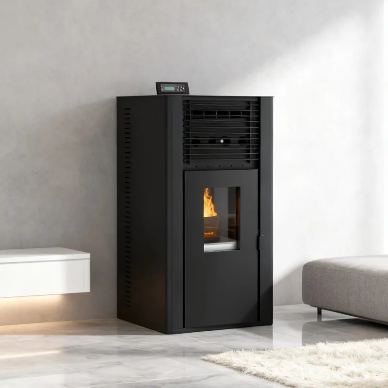 PD-80 Freestanding Indoor Fireplace Pellet Heater Easy-to-Use Automatic Feeding Remote Control Modern Steel Design Living Room
