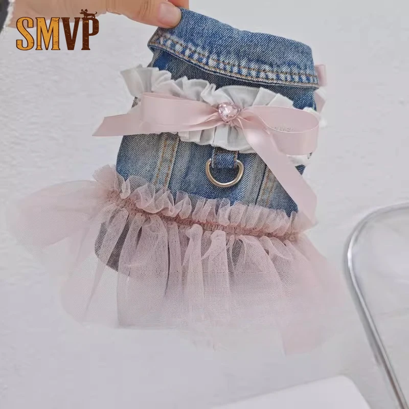 Denim Spliced Lace Tutu Dress For Small Dogs Cats, Adjustable Drawstring Ballet Princess Outfit, Spring Autumn Cute Pet Costume