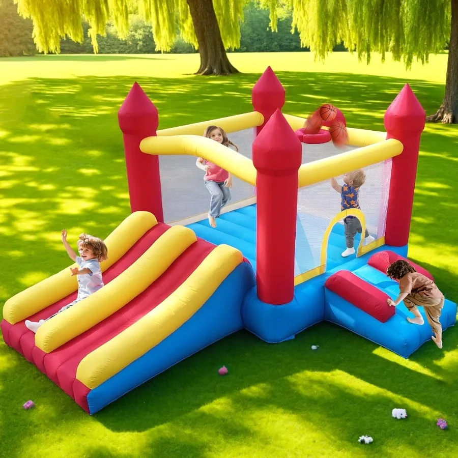 

Bounce House with Double Slide 5-in-1 Inflatable Jumping Castle for Toddlers 2-10 Features Basketball Hoop Large Bounce Area Fa