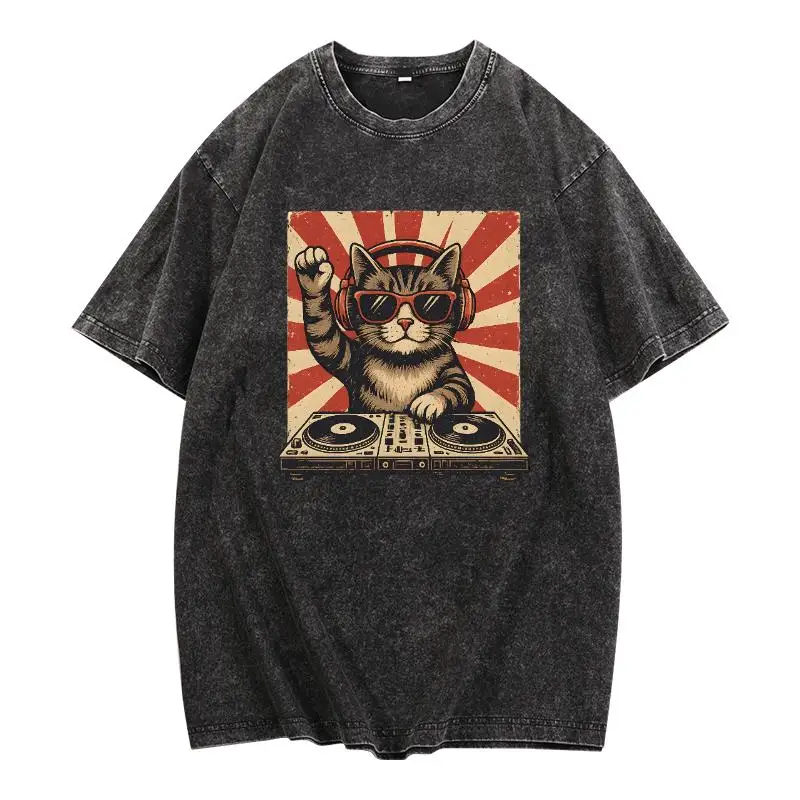 

Vintage DJ Cat T-shirt Men Women Y2K Hip Hop T-shirt Funny Animal Print Tops Retro Washed Streetwear Tee