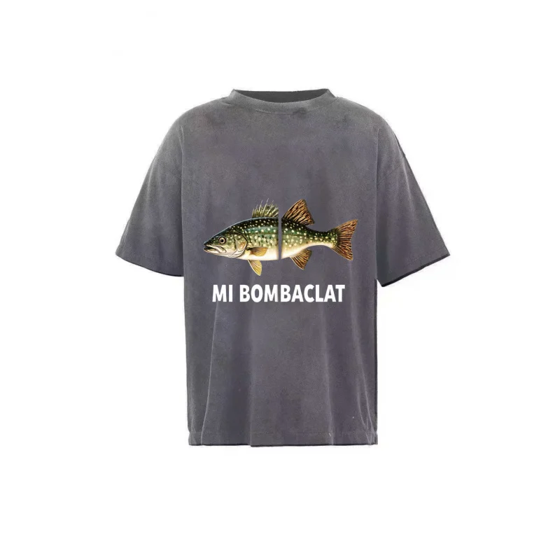 تي شيرت رجالي مغسول مطبوع عليه سمكة سوداء MI BOMBA CLAT جودة عالية 100% قطن 230 جرام #4