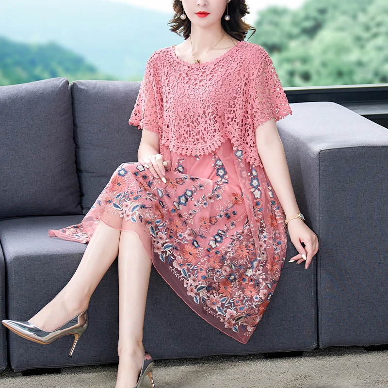 

Summer Embroidery Natural Silk Mesh Floral Sexy Midi Dress Spring Korea Fashion Beach Dress Women Short Sleeve Elegant Robe