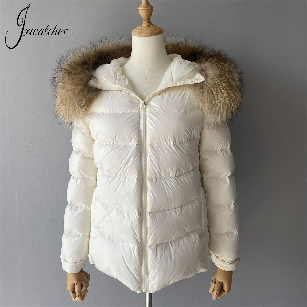 Jxwatcher Women's Down Jacket Winter Thicken Warm White Duck Down Coat With Real Raccoon Fur Collar Ladies Fashion Hooded Jacket