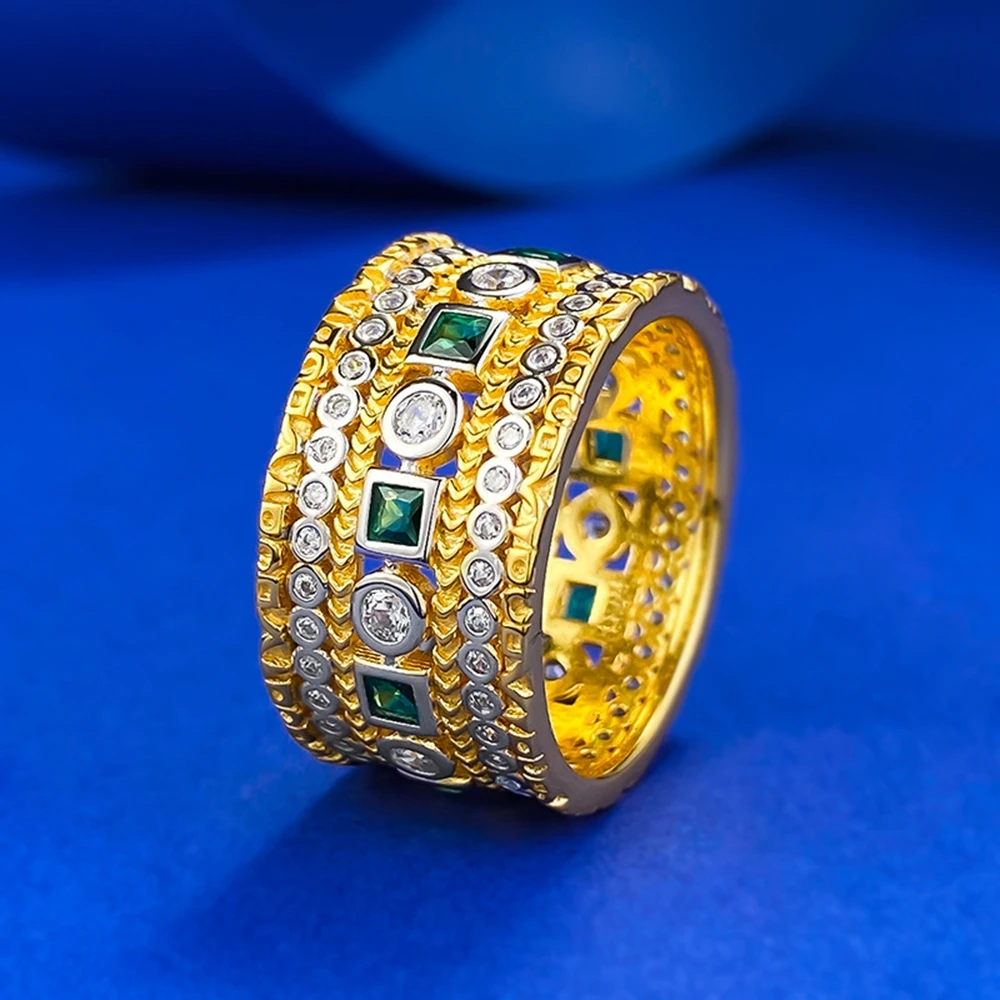 Wong Rain 18K Gold Plated 925 Sterling Silver Emerald High Carbon Diamond Gemstone Bohemia Ring for Women Wedding Party Jewelry