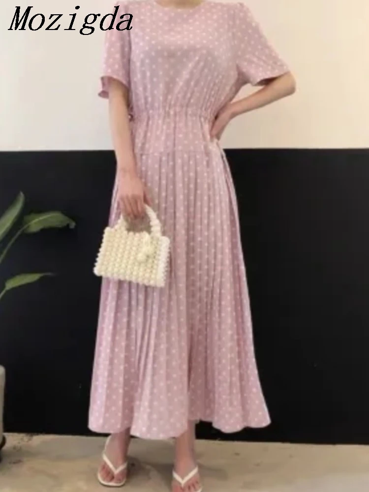 Summer Puff Sleeve Cotton Polka Dot Pleated Dress Women Elegant Vintage Japanese Loose Casual Feature Collar Ladies  Dresses