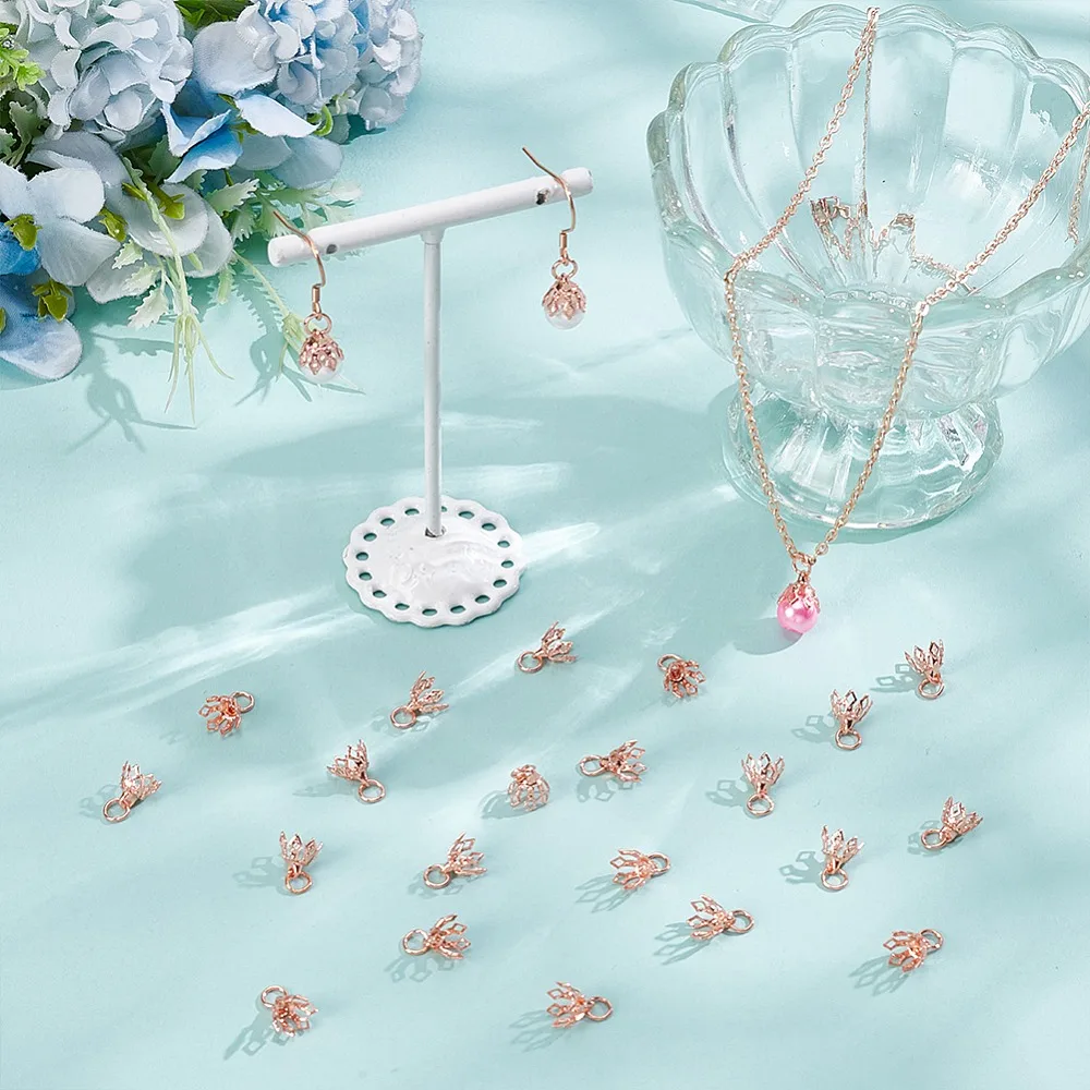 70Pcs Flower Rack Plating Brass Filigree Bead Cap Bails 7-Petal Rose Gold 8x8mm Hole: 3mm view 4