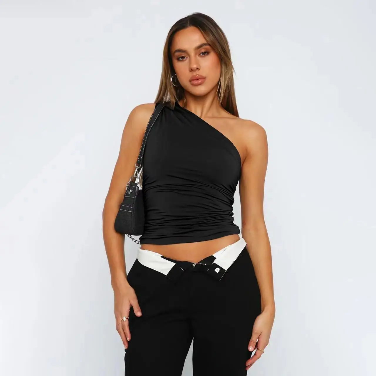 Summer Solid Color Single Shoulder Asymmetrical Backless Vest T-shirt, Tight and Sexy Sleeveless and Collarless Slim Fit Top