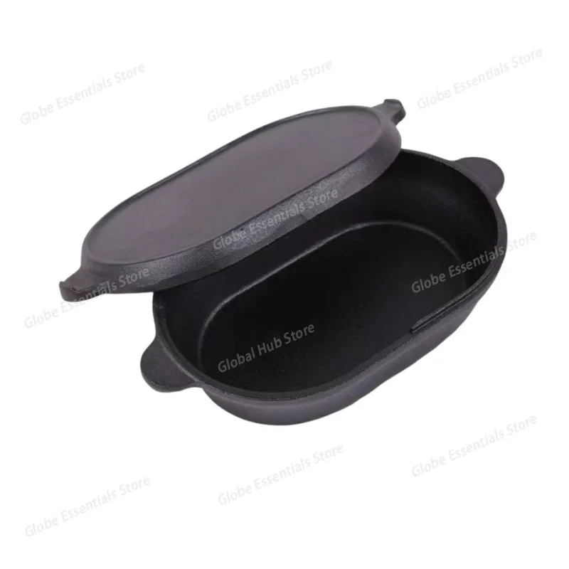Cast Iron Griddle Pan 2-in-1 Grill Plate Oval Griddle Reversible Skillet for Indoor and Outdoor Cooking Elliptical bread pan