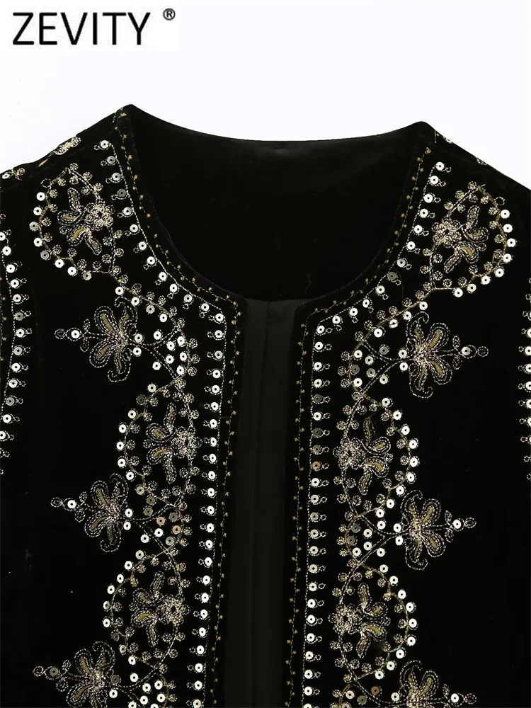 Zevity Women Vintage O Neck Sequins Flower Embroidery Short Vest Jacket Ladies Sleeveless Casual Velvet WaistCoat Tops CT3020