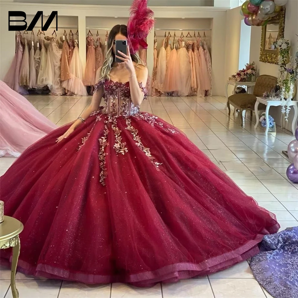 Off Shoulder Quinceanera Dresses Ball Gown 3D Floral Sweet 16 Dresses Luxury Tulle Prom Dresses Long Vestidos De Baile Ball Gown