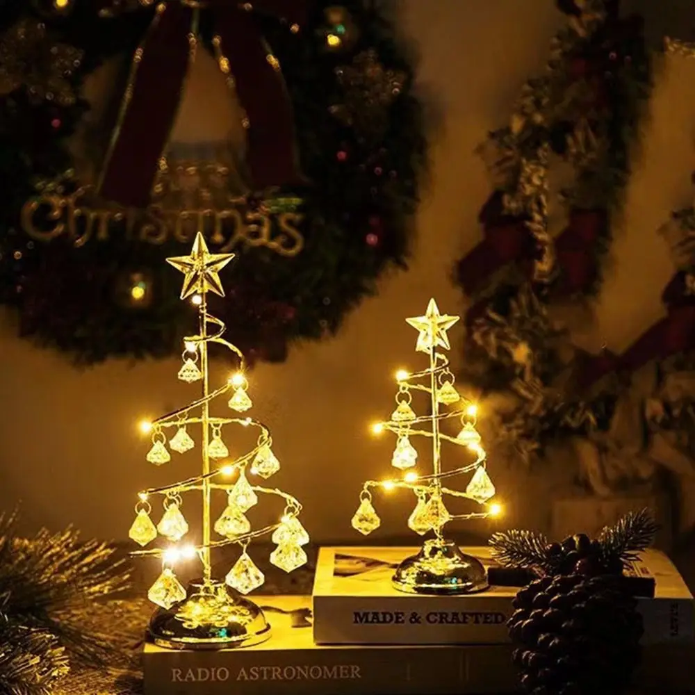 Golden Crystal Christmas Spiral Tree Light Colorful Metal Stand Xmas Decorations Table Lamp S/M/L Star Topper Bedside Lamp