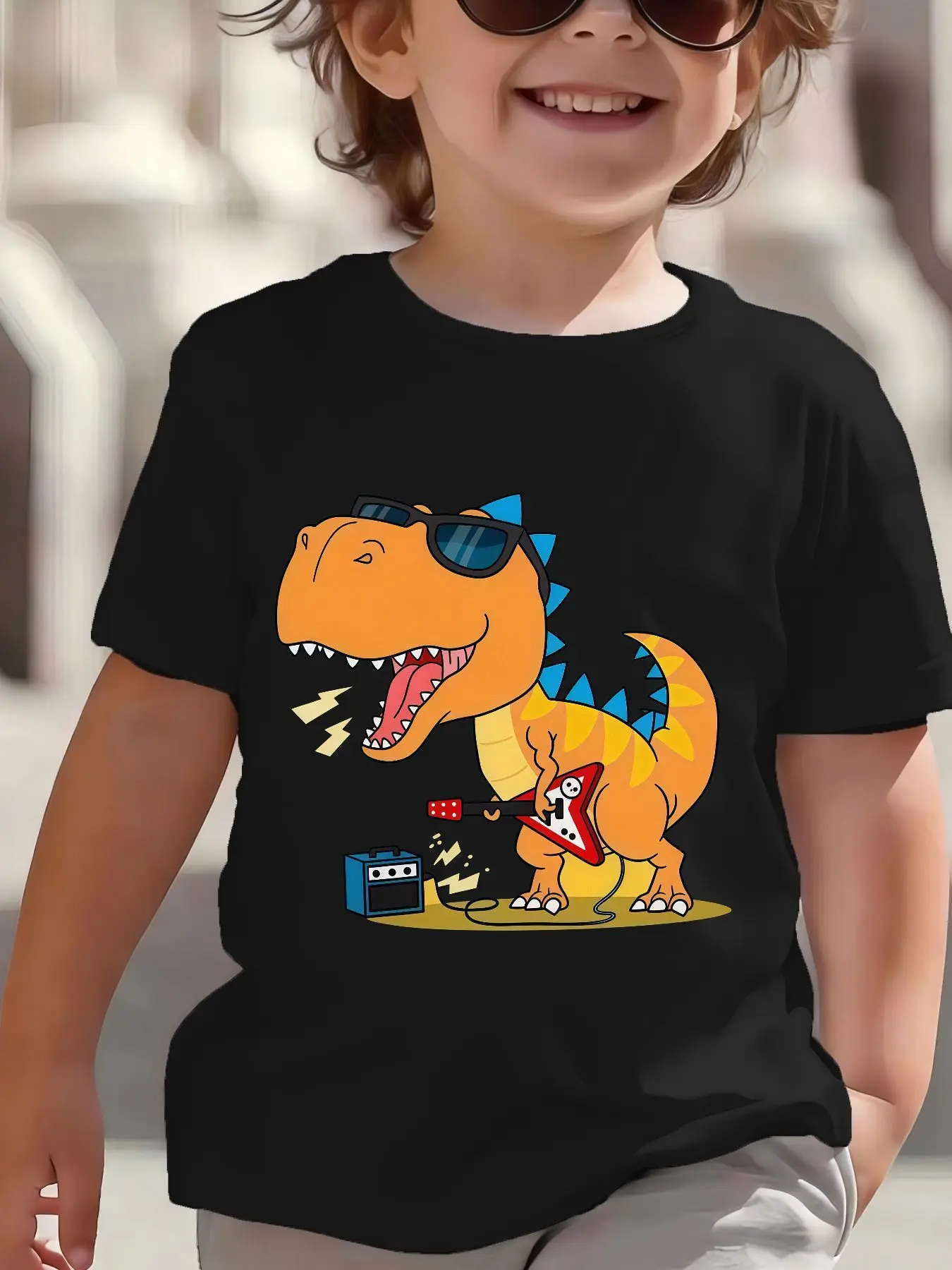 Kids Boys Girls Family Matching T Shirt Cool Rock Dinosaur Guitar Graphic Print Short Sleeve Crew Neck Soft Daily Party Wear Tee