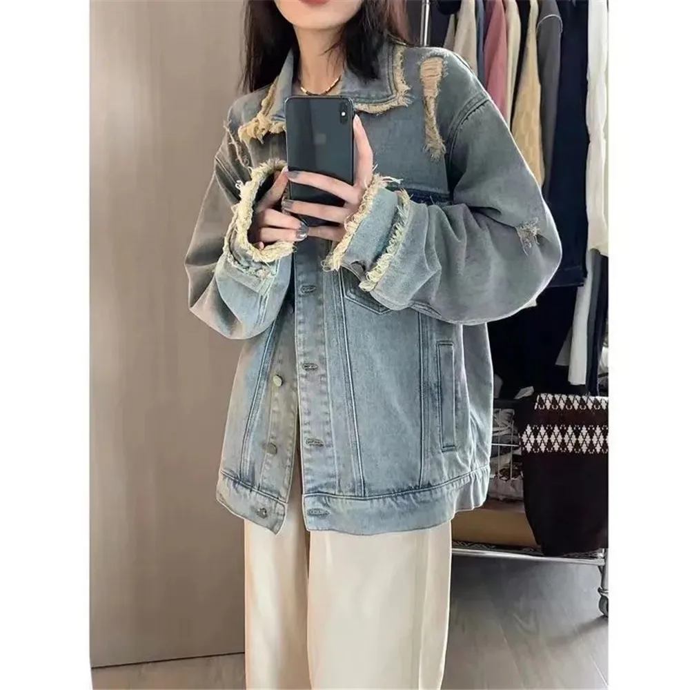 

Broken Tassel Denim Jacket Spring Retro Fried Street Female Casual Loose Design Sense Of Fashion Broken Women'S Jackets Tops