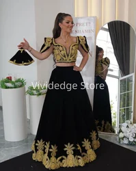 Customized  Traditional Black Women's Party Evening Short Sleeve Gold Lace Appliqued Gowns Algerien Albanian Prom Dresses