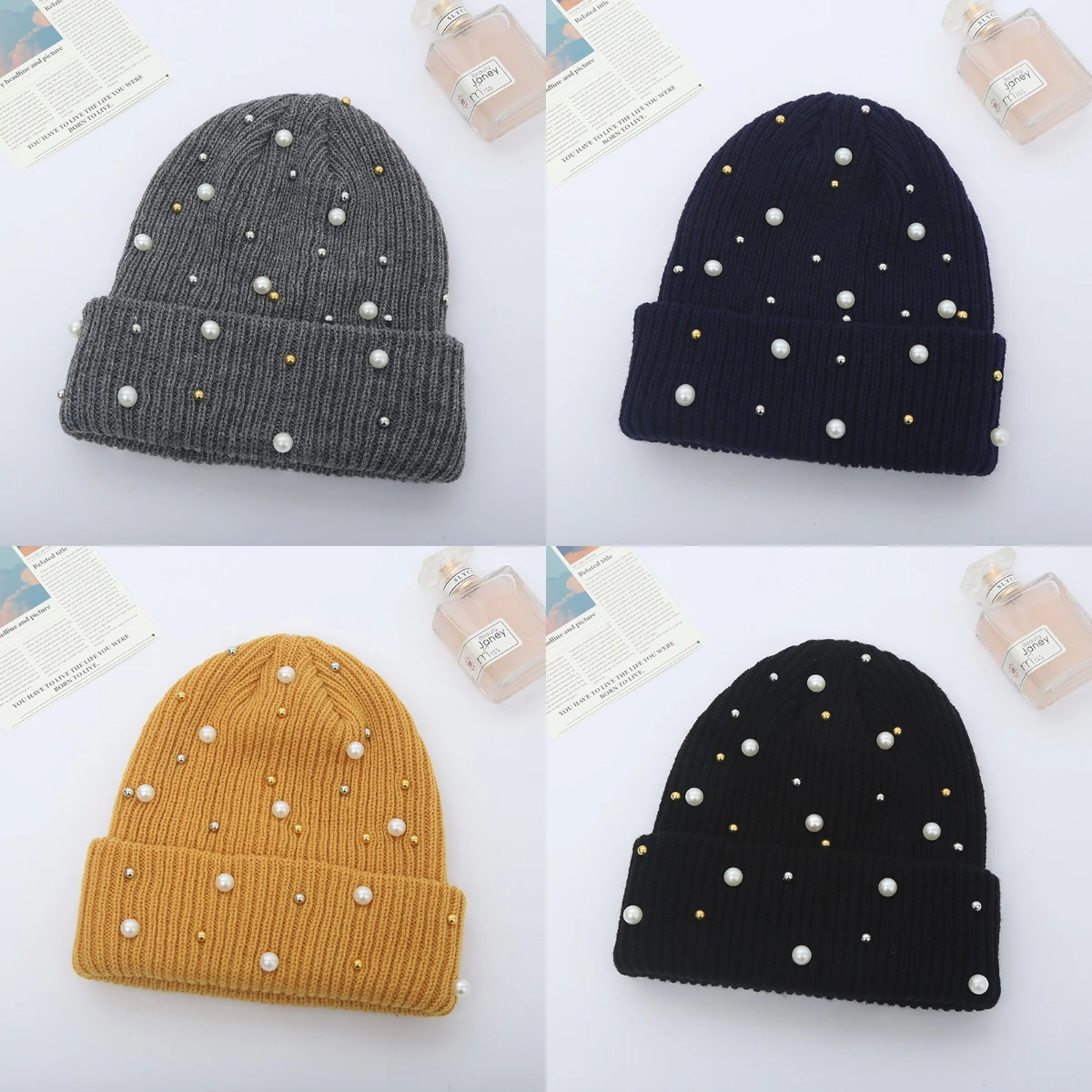 Pearl Decoration Shiny Hoded Hat Soild Color Curled Edge Brimless Cap Fried Dough Twists Thread Knitted Hat Outdoor Warm Hat