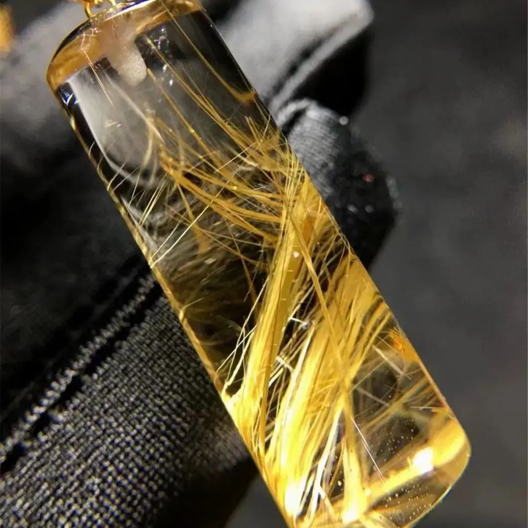 Natural Gold Rutilated Quartz Pendant 18K Gold Jewelry For Woman Lady Man Healing Luck Beauty Gift Crystal 34x12mm Beads AAAAA