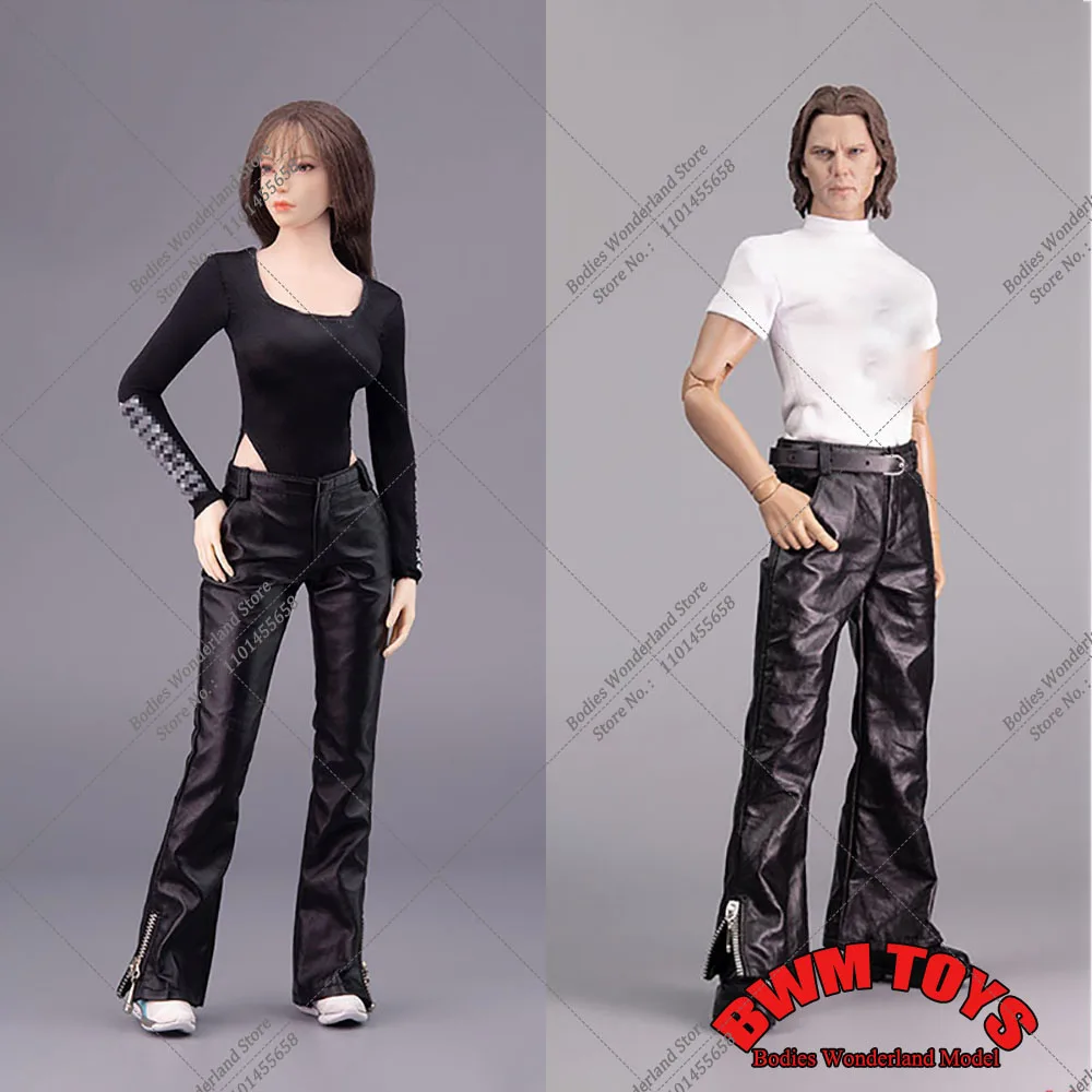 CCN6020 1/6 Scale Fashionable Black Zipper Micro Flared Leather Pants TrousersFor 6inch Female Male Soldier Action Figure Model